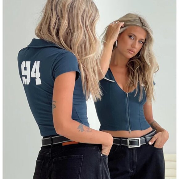 Princess Polly Tops - Princess Polly 94 Kicker Zip Top – Navy